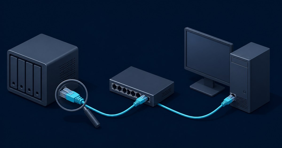 Isometric four-bay NAS, network switch and desktop PC on dark navy, linked by cyan ethernet cables with a magnifying glass inspecting one plug.